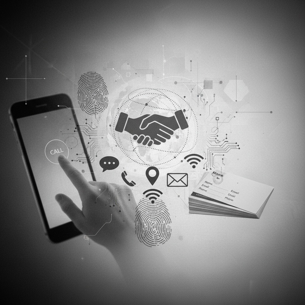 Una mano tocca lo schermo di uno smartphone circondato da icone digitali di comunicazione, una stretta di mano e biglietti da visita.