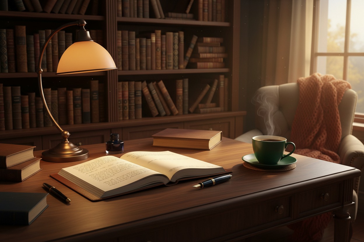 Scrivania in legno con un libro aperto, una lampada accesa, una tazza di caffè fumante e una poltrona sullo sfondo davanti a una libreria.